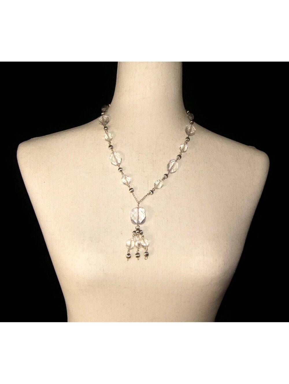Vintage Silver Tone and Clear Acrylic Beads 21" Y Necklace.